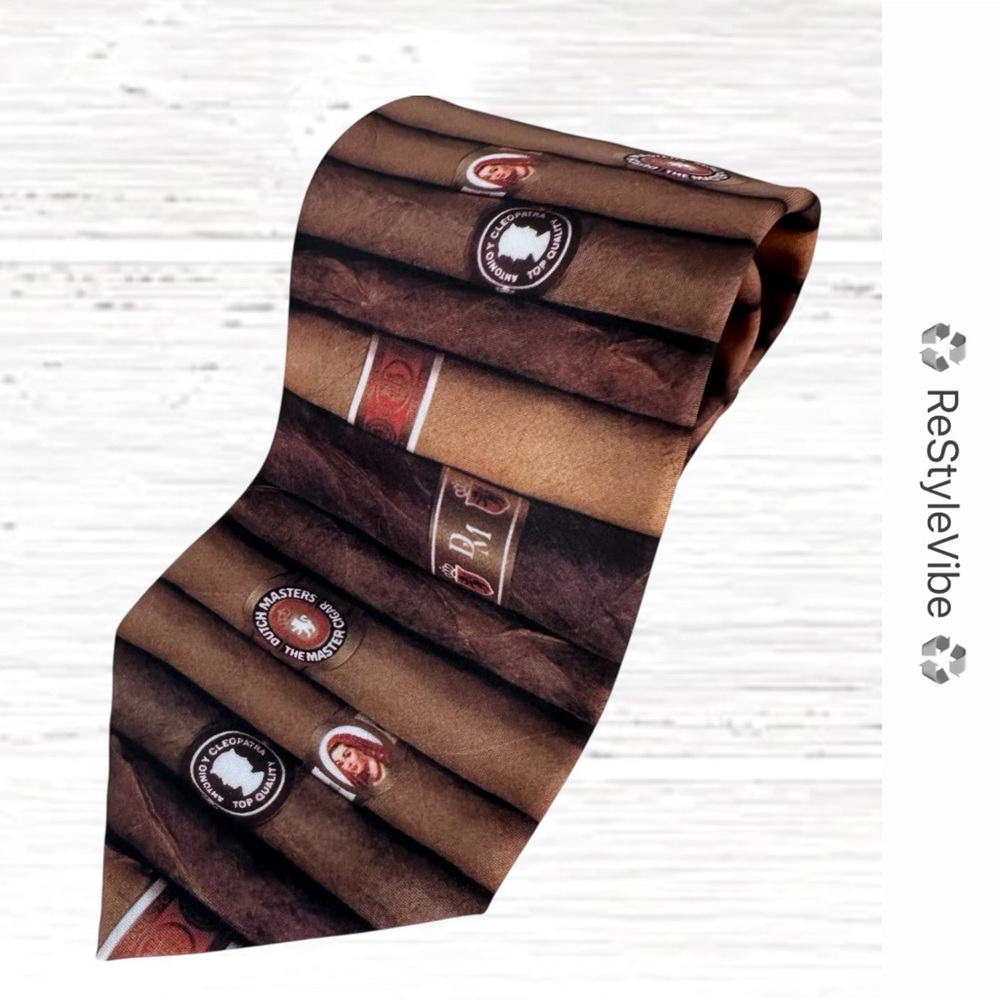 RALPH MARLIN Men’s Tie Cigars Stacked Graphic Print Vintage Retro 90s